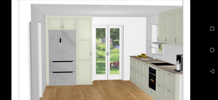 Digital rendering av ett modernt kök med vita skåp, inbyggd kyl, ugn och utsikt mot en trädgård.