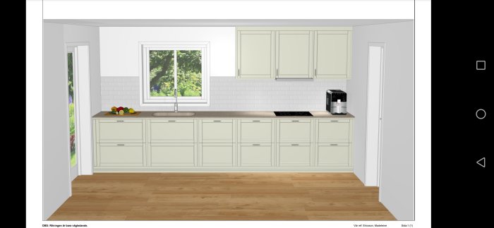 3D-rendering av ett ljust kök med skåp, spis, diskho och fönster med utsikt över grönska.