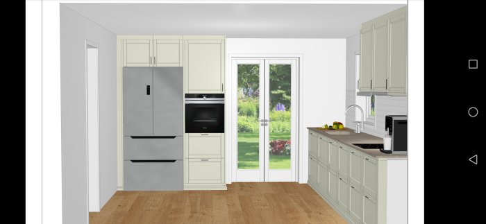 3D-rendering av ett kök med beigefärgade skåp, stålkylskåp, inbyggd ugn och utsikt mot en trädgård.