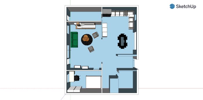 Simulerad planlösning av ett L-format kök med matplats och vardagsrum i SketchUp.