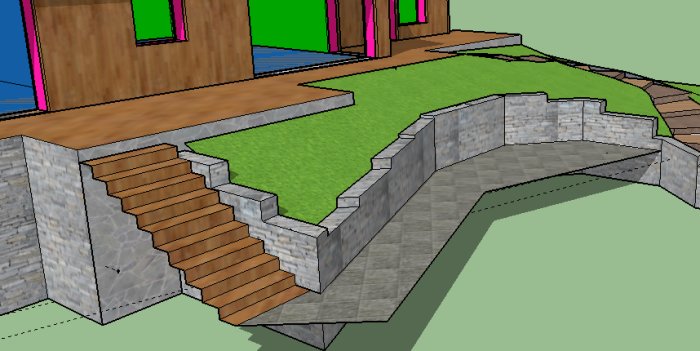 3D-ritning av planerad stödmur av skiffer med svängd design, intill trappa och gräsmatta.