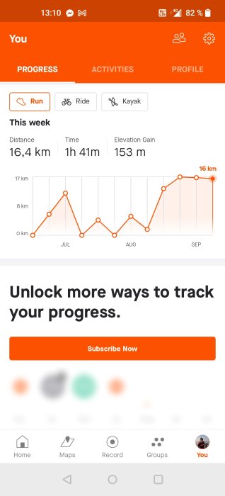 Skärmavbild av löparstatistik som visar 16,4 km löpta denna vecka och tidslinje för distans.