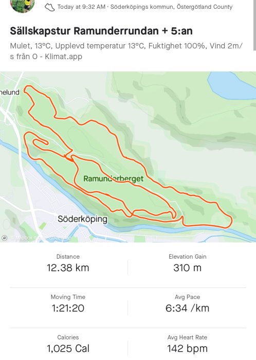 Karta som visar en utförd löprunda med röd markering i Söderköping, 12,38 km avstånd, 310 m höjdvinst och träningsdata.