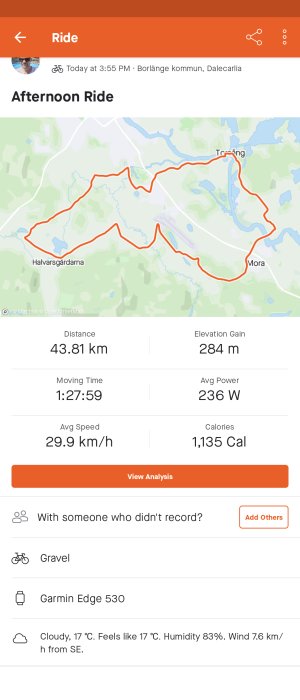 Skärmklipp av cykelturdata med karta, distans, tid, hastighet och väderinformation.