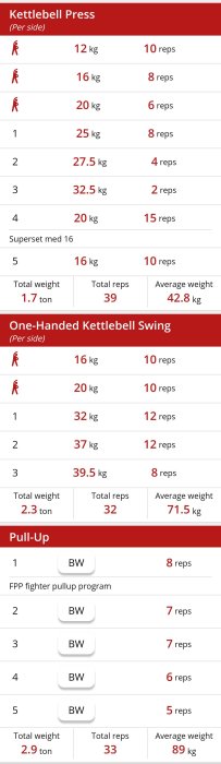 Träningslogg med kettlebell press, one-handed kettlebell swing och pull-up övningar och deras vikt/reps-statistik.