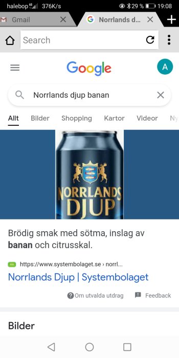 Skärmdump från en mobiltelefon som visar Google-söksida med sökresultatet för "Norrländsk Djup" och produktbild.