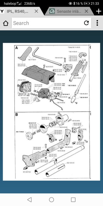 Schematisk illustration av reservdelar till skogsverktyg, med numeriska beteckningar.