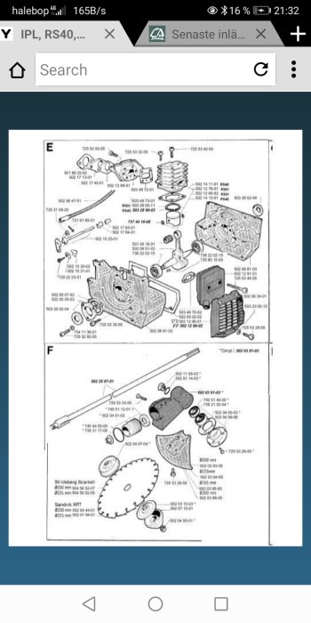 Exploded view diagram of chainsaw parts for replacement or assembly.