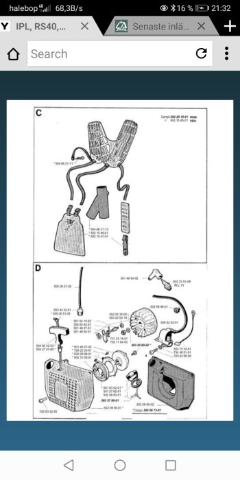 Explosionsritning av motorsågsdelar med numrerade komponenter och beskrivningar.