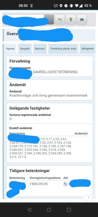 Skärmbild av ett registerutdrag med ändamål och delägande fastigheter för en samfällighetsförening.