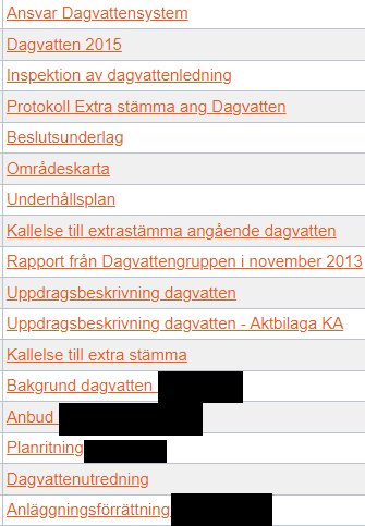 Skärmdump av en dokumentlista relaterad till dagvattensystem, med titlar som inspektion och underhållsplansrapporter.