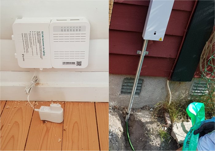 Installation av fiberskarvningsbox utanpå husvägg med borrat hål och slang innan fiberdragning.