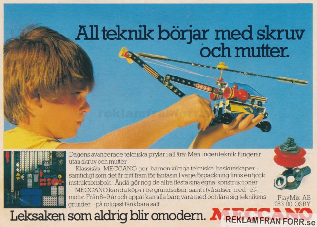 Barn leker med en Meccano-byggsats, reklam för leksaken med text "All teknik börjar med skruv och mutter.