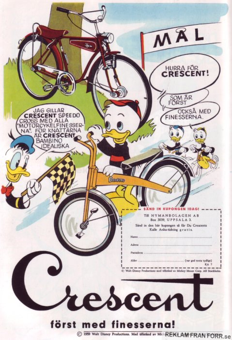 Tecknad reklambild med Kalle Anka på en röd Crescent cykel från 1959, med Musse Pigg och Kajsa Anka.