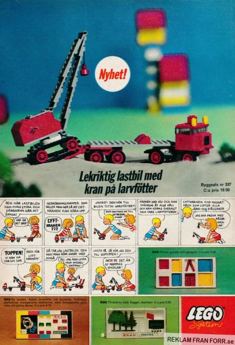 Vintage LEGO reklambild med lekfull lastbil med kran och tecknade instruktioner.