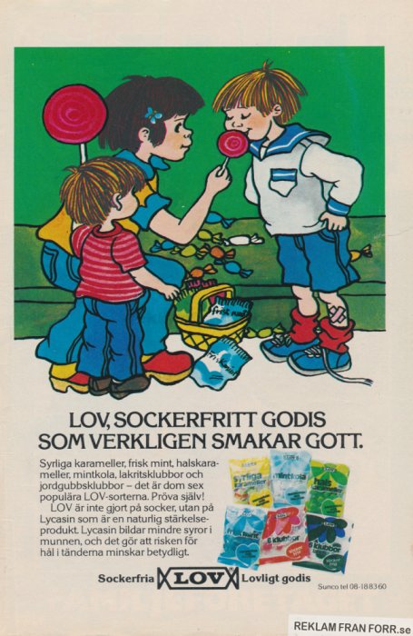 Retro reklambild med tecknade barn och sockerfritt godis från Läkerol, "LOV, Sockerfritt Godis".