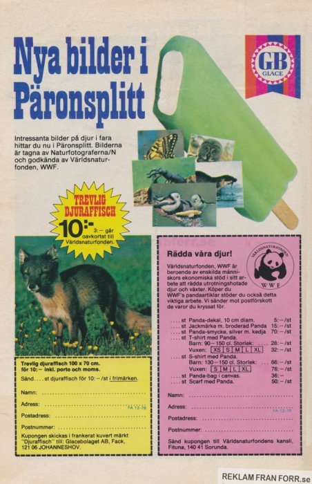 Reklam från 1980-talet för Päronsplit glass och WWF-produkter med bilder på djur och information om hur man beställer.