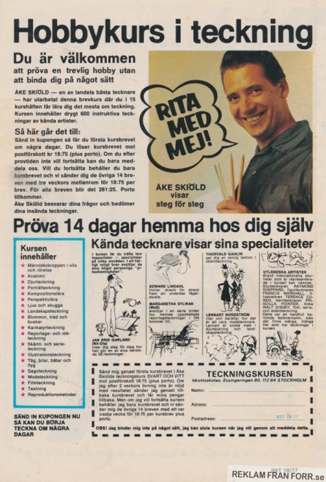 Reklambild för en teckningskurs med en glad man som håller ritstift och en pratbubbla som säger "Rita med mig!".