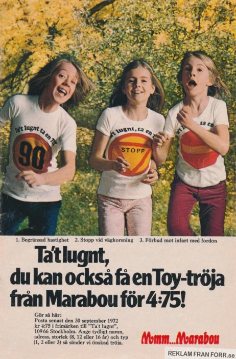 Vintage reklam för Marabou med tre glada barn som bär 'Ta't lugnt' t-shirts och håller en 'Stopp' skylt.