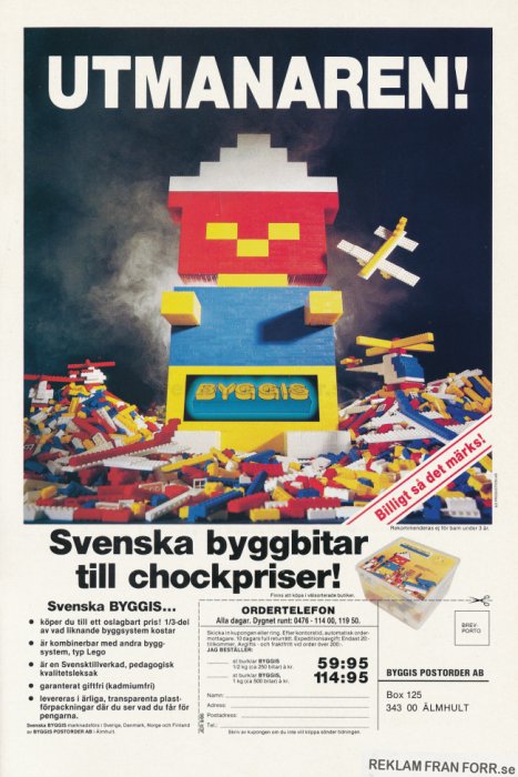 Gammal reklamaffisch för svenska byggklossar BYGGIS med en stor byggklossfigur och spridda klossar i förgrunden.