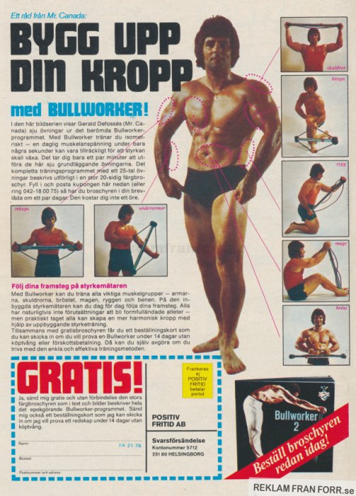 Retro reklam för Bullworker med illustration av övningar och en man som poserar med muskler markerade.