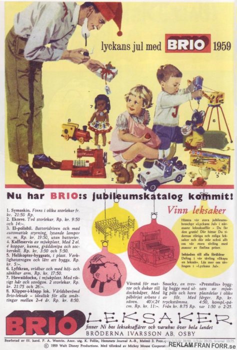 Vintage reklamaffisch för BRIO 1959 med leksaker och en familj som firar jul.