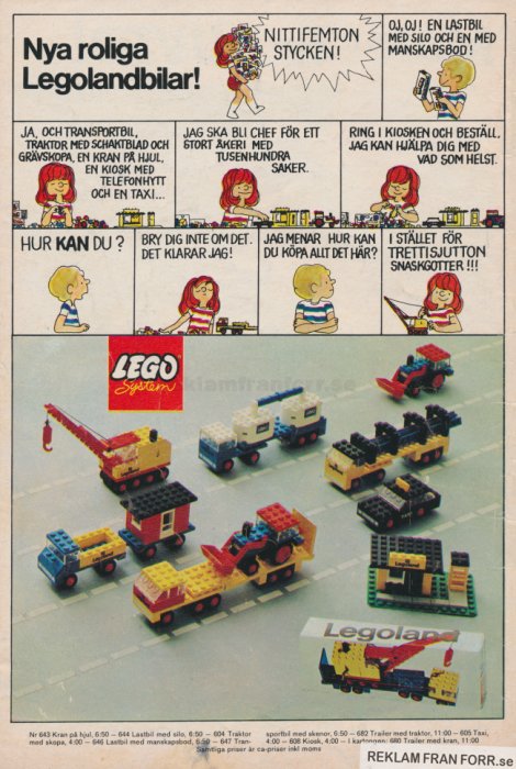 Vintage Lego System-annons som visar olika byggda fordon och karaktärer med text- och prisinformation.