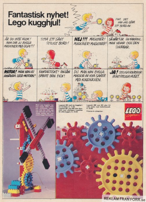 Reklambild för LEGO kugghjul med tecknade figurer och ett byggt LEGO kugghjulsprojekt.