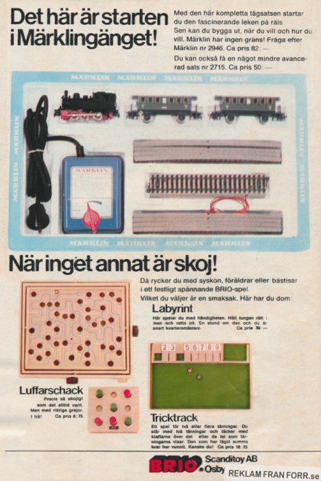 Reklamsida för nostalgiska BRIO- och Märklin-leksaker, inklusive tågset och brädspel.