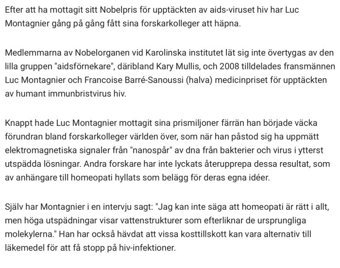 Skärmdump av en artikel om Nobelpristagaren Luc Montagnier och forskarkollegors reaktioner på hans uttalanden.