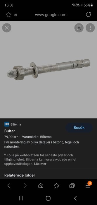 Expanderbult med mutter och bricka, avsedd för betongväggsmontage.