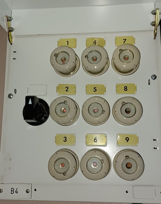 Elcentral med öppen dörr och synliga säkringar och grupper märkta 1–9, möjlig fråga om spänningsval.