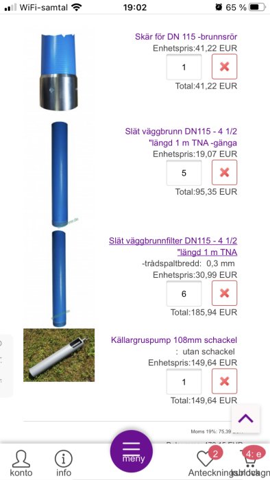 Skärmbild av en onlineorder för brunnsbyggnad med DN 115 brunnrör, brunnfilter och en källargruspump.