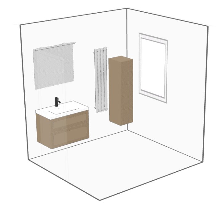 Illustration av badrumsinredning med handfat, spegel, handdukstork och högskåp.