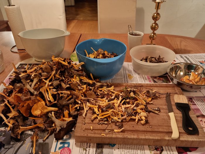 Renbäddade kantareller på ett skärbräde och sorterade i skålar på ett köksbord.