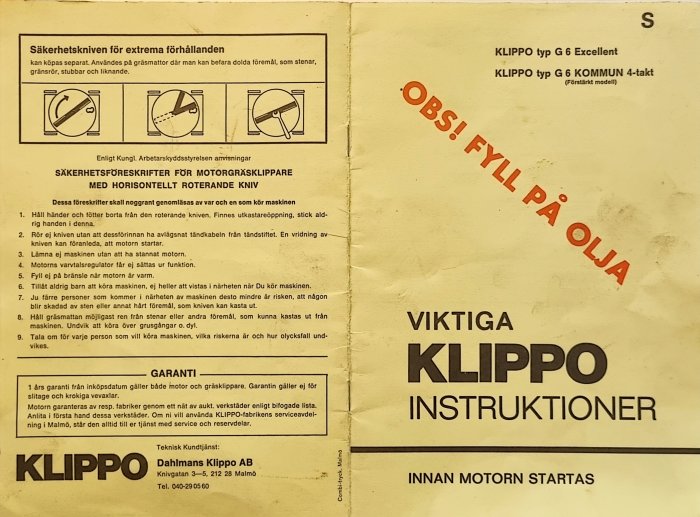 Bild på en öppen manual för Klippo gräsklippare med säkerhetsinstruktioner och underhållstips, viktigt att fylla på olja.