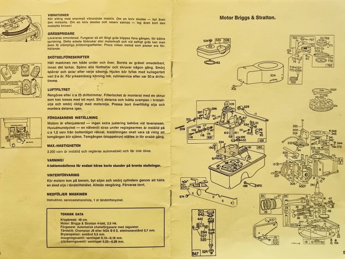 Exploded-view illustration of Briggs & Stratton motor parts with labeled components and accompanying text in Swedish.