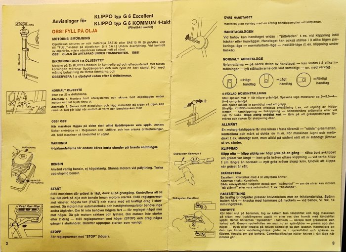 Bild på en manual för Klippo gräsklippare med instruktioner och illustrationer för oljepåfyllning och användning.