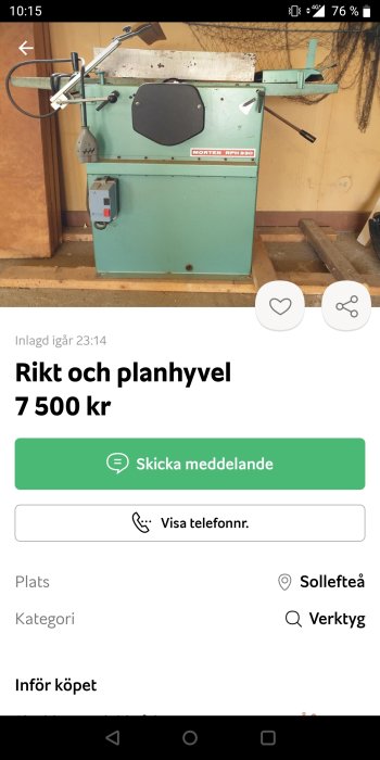 Grön rikt- och planhyvelmaskin av märket MORTEN RPH 380 till salu.