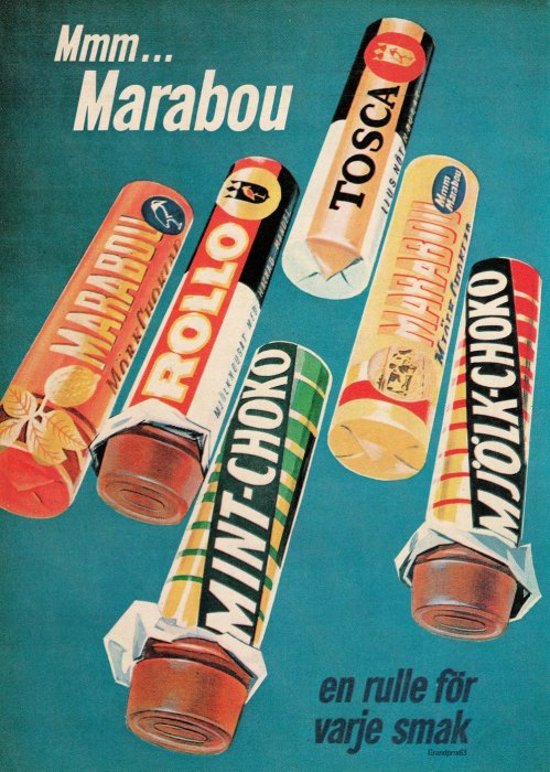 Retro reklam för Marabou-choklad på rullar med olika smaker, inklusive Rollo och Mint-Choko.