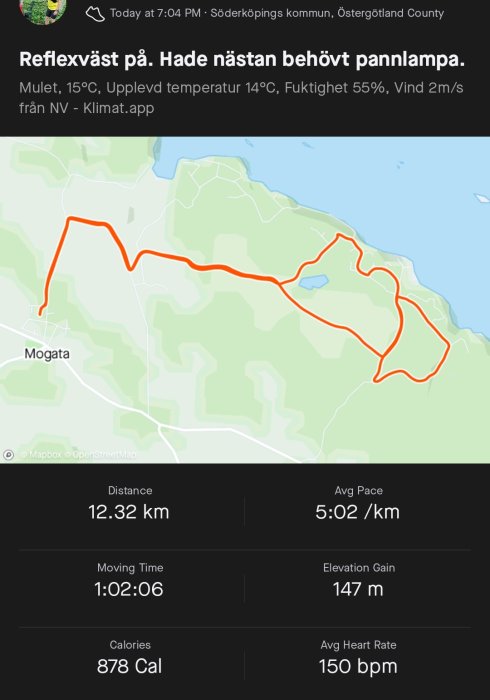 Skärmbild av träningsapp som visar karta och statistik för en löptur på 12,32 km, hastighet och hjärtfrekvens.