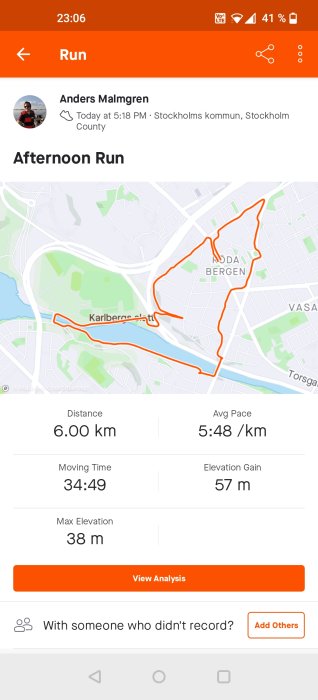 Skärmdump av träningsapp som visar rutt och statistik för en löpsträcka på 6 km med tempo och höjdprofil.