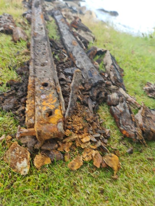 Rostiga stålreglar med avflagande träbitar på gräsmark, tecken på fuktskador.