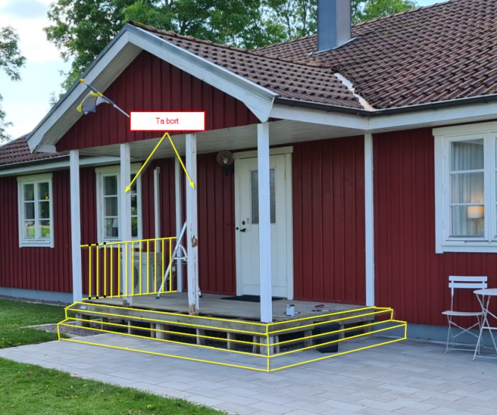 Röd träfasad med vit entrédörr och veranda markerad med gula linjer där stolpar är märkta för att tas bort och planerade trappsteg.