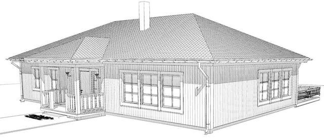 Arkitektonisk skiss av ett enfamiljshus med sadeltak, veranda och synlig skorsten.