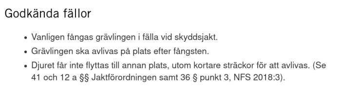 Textdokument som listar godkända fällor för grävling och regler för avlivning efter fångst.