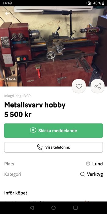 Metallsvensk hobby i röd och svart med tillbehör, till salu för 5 500 kr.