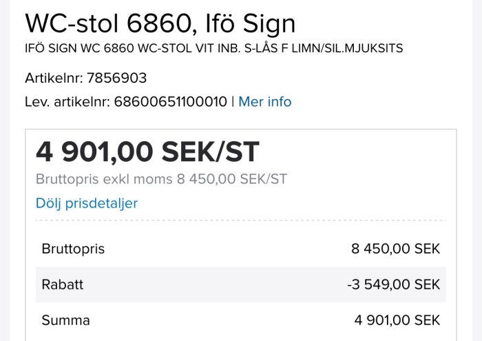 Skärmbild av prisuppgifter för en Ifö Sign WC-stol 6860 med specifikationer och rabattdetaljer.