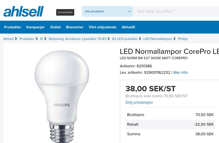 Produktbild av en Philips LED Normallampa CorePro med priset 38 SEK exklusive moms på Ahlsells webbsida.