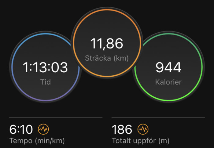 Träningsapp skärm som visar tid (1:13:03), sträcka (11,86 km), kalorier (944) samt tempo och total höjdstigning.